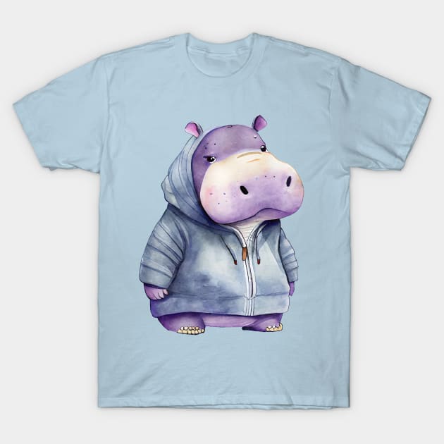 Cartoon Hippopotamus Wearing Hoodie T-Shirt by Chromatic Fusion Studio